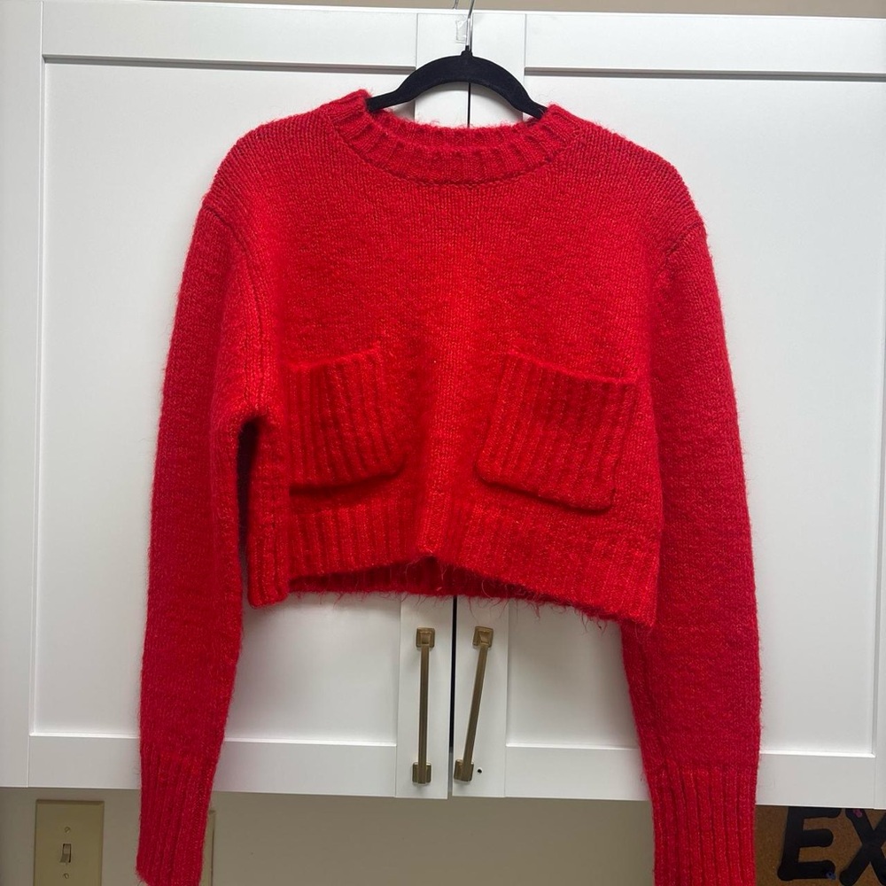 Zara Bright Red Cropped Crewneck Sweater with Front Pockets